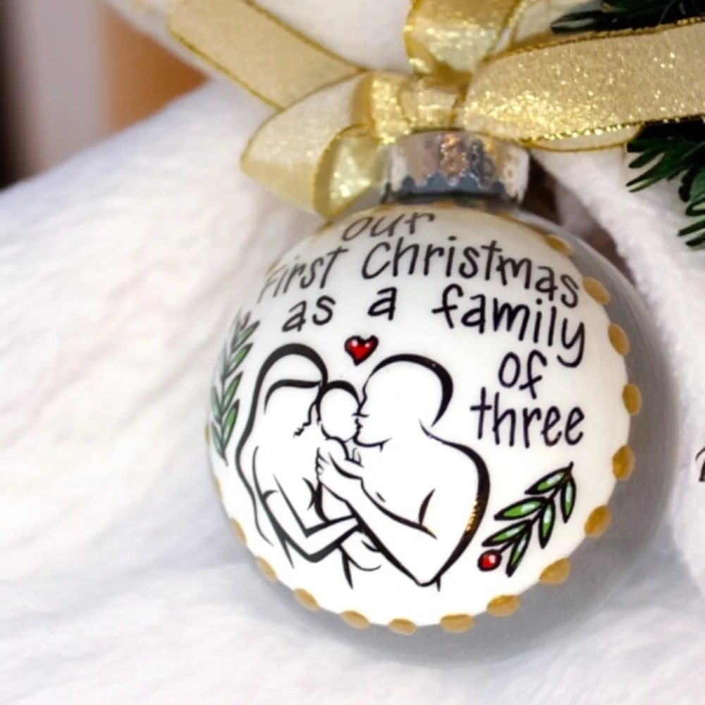 “Our First Christmas as a Family of Three” Personalized Ornament | Hand-Painted